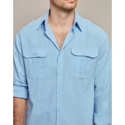 Hot OUKU Men's Shirt Cotton Linen Shirt Summer Shirt Beach Wear Casual Shirt Button Up Shirt Plain Casual Daily Long Sleeve Lapel Spring & Summer Clothing Apparel Pocket Blue
