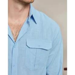 Hot OUKU Men's Shirt Cotton Linen Shirt Summer Shirt Beach Wear Casual Shirt Button Up Shirt Plain Casual Daily Long Sleeve Lapel Spring & Summer Clothing Apparel Pocket Blue