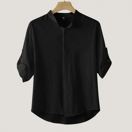 Hot OUKU Men's Shirt Cotton Linen Shirt White Cotton Shirt Chinese Collar Shirt Mandarin Collar Shirt Casual Shirt Plain Vacation Hawaiian Black White Green Short Sleeve Stand Collar Spring & Summer Clothing