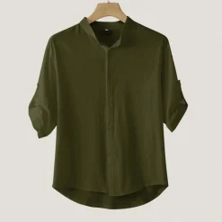 Hot OUKU Men's Shirt Cotton Linen Shirt White Cotton Shirt Chinese Collar Shirt Mandarin Collar Shirt Casual Shirt Plain Vacation Hawaiian Black White Green Short Sleeve Stand Collar Spring & Summer Clothing