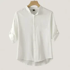 Hot OUKU Men's Shirt Cotton Linen Shirt White Cotton Shirt Chinese Collar Shirt Mandarin Collar Shirt Casual Shirt Plain Vacation Hawaiian Black White Green Short Sleeve Stand Collar Spring & Summer Clothing