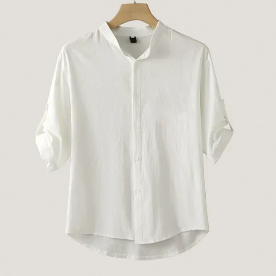 Hot OUKU Men's Shirt Cotton Linen Shirt White Cotton Shirt Chinese Collar Shirt Mandarin Collar Shirt Casual Shirt Plain Vacation Hawaiian Black White Green Short Sleeve Stand Collar Spring & Summer Clothing