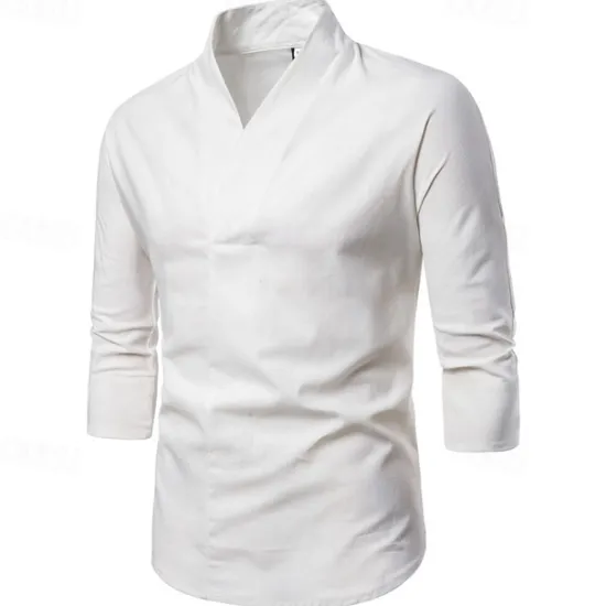 Online OUKU Men's Shirt Cotton Linen Shirt Casual Shirt Plain Casual Daily Black White Navy Blue Long Sleeve V Neck Summer Clothing Apparel