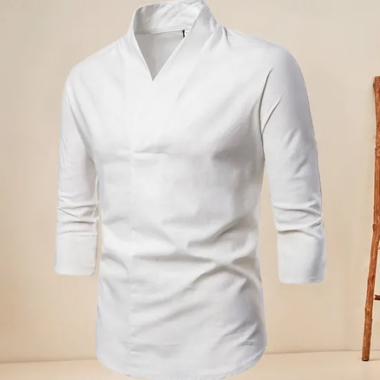 Online OUKU Men's Shirt Cotton Linen Shirt Casual Shirt Plain Casual Daily Black White Navy Blue Long Sleeve V Neck Summer Clothing Apparel