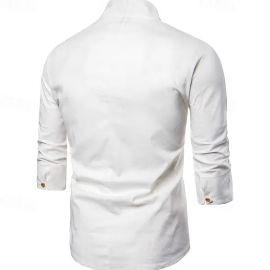 Online OUKU Men's Shirt Cotton Linen Shirt Casual Shirt Plain Casual Daily Black White Navy Blue Long Sleeve V Neck Summer Clothing Apparel