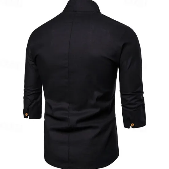 Online OUKU Men's Shirt Cotton Linen Shirt Casual Shirt Plain Casual Daily Black White Navy Blue Long Sleeve V Neck Summer Clothing Apparel