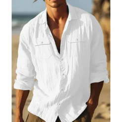 Discount OUKU Men's Shirt Cotton Linen Shirt Summer Shirt Beach Wear Casual Shirt Button Up Shirt Plain Vacation Curise Black White Light Blue Long Sleeve Lapel Spring & Summer Clothing Apparel Pocket
