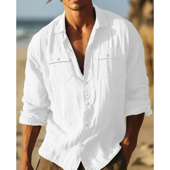 Discount OUKU Men's Shirt Cotton Linen Shirt Summer Shirt Beach Wear Casual Shirt Button Up Shirt Plain Vacation Curise Black White Light Blue Long Sleeve Lapel Spring & Summer Clothing Apparel Pocket