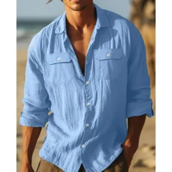 Discount OUKU Men's Shirt Cotton Linen Shirt Summer Shirt Beach Wear Casual Shirt Button Up Shirt Plain Vacation Curise Black White Light Blue Long Sleeve Lapel Spring & Summer Clothing Apparel Pocket