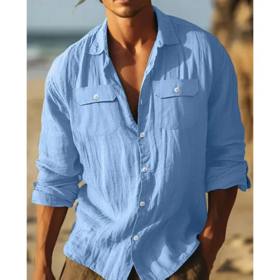 Discount OUKU Men's Shirt Cotton Linen Shirt Summer Shirt Beach Wear Casual Shirt Button Up Shirt Plain Vacation Curise Black White Light Blue Long Sleeve Lapel Spring & Summer Clothing Apparel Pocket
