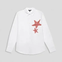 Hot OUKU Men's Shirt Cotton Linen Shirt Starfish Outdoor Vacation White Sky Blue Long Sleeve Rolled collar Summer Spring Clothing Apparel Buttons
