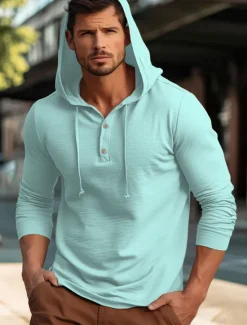 New OUKU Men's Shirt Cotton Linen Shirt Plain Vacation Casual Black White Navy Blue Blue Long Sleeve Hooded Spring & Fall Clothing Apparel Buttons