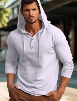 New OUKU Men's Shirt Cotton Linen Shirt Plain Vacation Casual Black White Navy Blue Blue Long Sleeve Hooded Spring & Fall Clothing Apparel Buttons