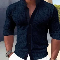 Hot OUKU Men's Shirt Dress Shirt Button Up Shirt Formal Holiday Blue Brown Green Rose Red Long Sleeve grandad collar Summer Spring & Fall Clothing Apparel Buttons