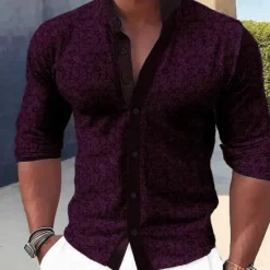 Hot OUKU Men's Shirt Dress Shirt Button Up Shirt Formal Holiday Blue Brown Green Rose Red Long Sleeve grandad collar Summer Spring & Fall Clothing Apparel Buttons