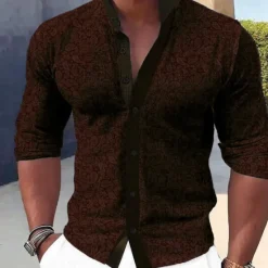 Hot OUKU Men's Shirt Dress Shirt Button Up Shirt Formal Holiday Blue Brown Green Rose Red Long Sleeve grandad collar Summer Spring & Fall Clothing Apparel Buttons