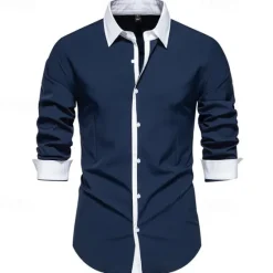 New OUKU Men's Shirt Dress Shirt Button Up Shirt Color Block Wedding Party Black White Navy Blue Blue Long Sleeve Lapel Spring & Fall Clothing Apparel