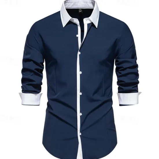 New OUKU Men's Shirt Dress Shirt Button Up Shirt Color Block Wedding Party Black White Navy Blue Blue Long Sleeve Lapel Spring & Fall Clothing Apparel