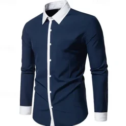 New OUKU Men's Shirt Dress Shirt Button Up Shirt Color Block Wedding Party Black White Navy Blue Blue Long Sleeve Lapel Spring & Fall Clothing Apparel