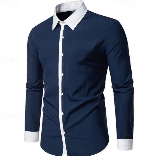 New OUKU Men's Shirt Dress Shirt Button Up Shirt Color Block Wedding Party Black White Navy Blue Blue Long Sleeve Lapel Spring & Fall Clothing Apparel