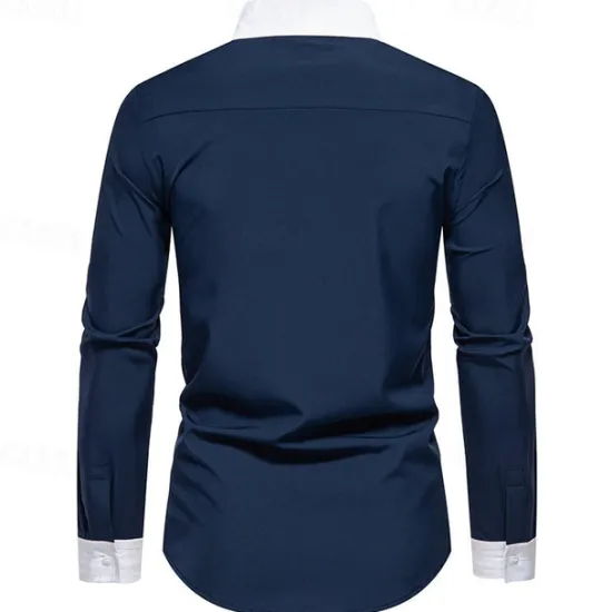 New OUKU Men's Shirt Dress Shirt Button Up Shirt Color Block Wedding Party Black White Navy Blue Blue Long Sleeve Lapel Spring & Fall Clothing Apparel