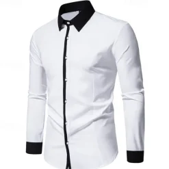 New OUKU Men's Shirt Dress Shirt Button Up Shirt Color Block Wedding Party Black White Navy Blue Blue Long Sleeve Lapel Spring & Fall Clothing Apparel