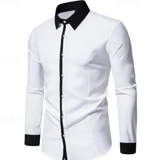 New OUKU Men's Shirt Dress Shirt Button Up Shirt Color Block Wedding Party Black White Navy Blue Blue Long Sleeve Lapel Spring & Fall Clothing Apparel