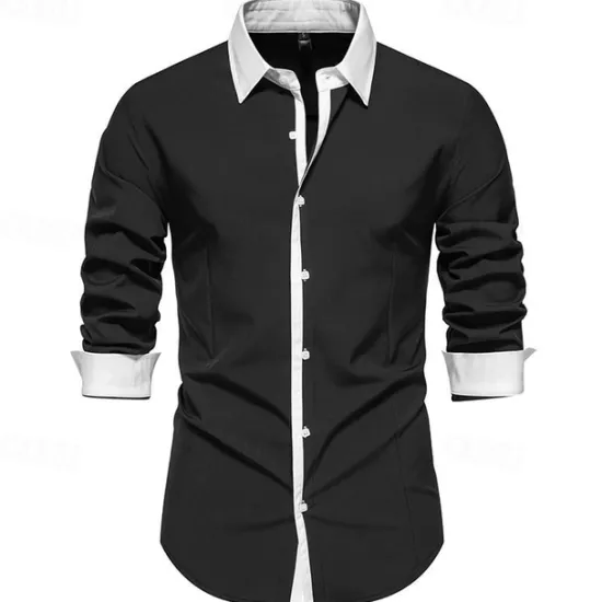 New OUKU Men's Shirt Dress Shirt Button Up Shirt Color Block Wedding Party Black White Navy Blue Blue Long Sleeve Lapel Spring & Fall Clothing Apparel