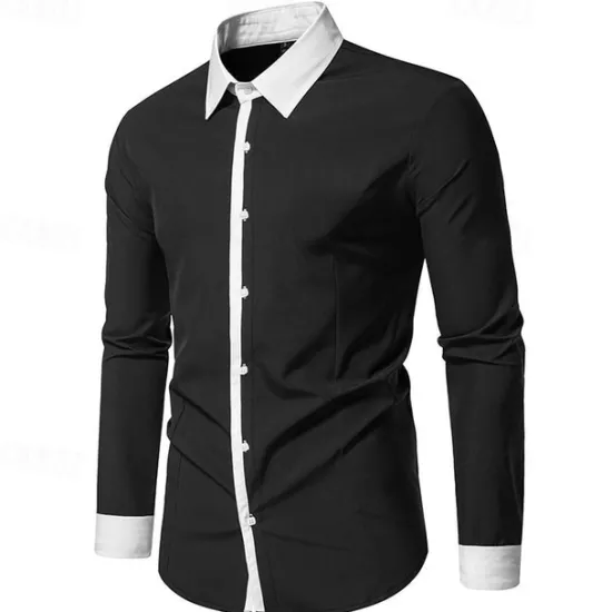 New OUKU Men's Shirt Dress Shirt Button Up Shirt Color Block Wedding Party Black White Navy Blue Blue Long Sleeve Lapel Spring & Fall Clothing Apparel