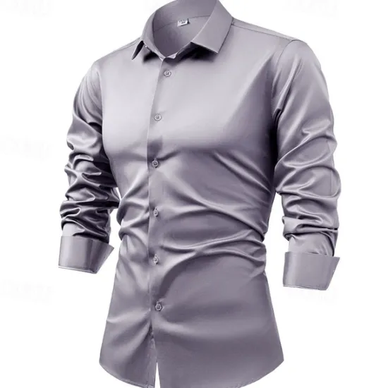 Best OUKU Men's Shirt Dress Shirt Button Up Shirt Plain Wedding Party Black White Light Green Pink Long Sleeve Lapel Spring & Fall Clothing Apparel