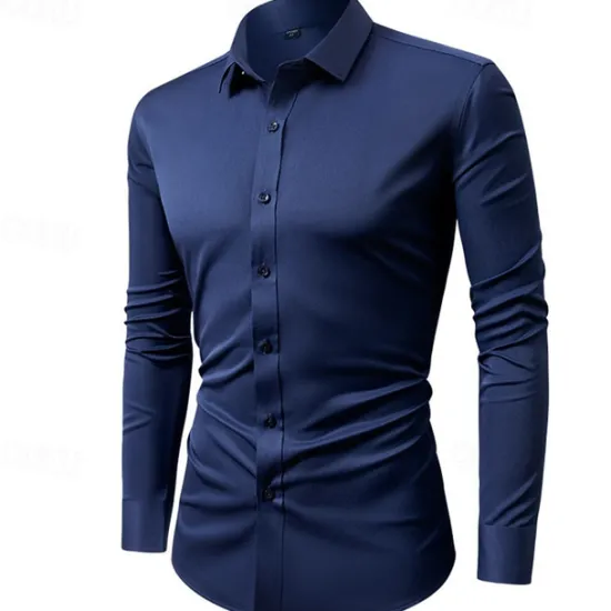 Discount OUKU Men's Shirt Dress Shirt Button Up Shirt Plain Wedding Daily Light Pink Black White Dark Navy Long Sleeve Turndown Spring & Fall Clothing Apparel Patchwork