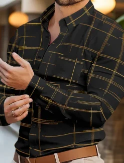 Hot OUKU Men's Shirt Dress Shirt Button Down Shirt Wrinkle Resistant Plaid Office & Career Wedding Party Black White Red Royal Blue Long Sleeve Lapel Spring & Fall Clothing Apparel Front Pocket