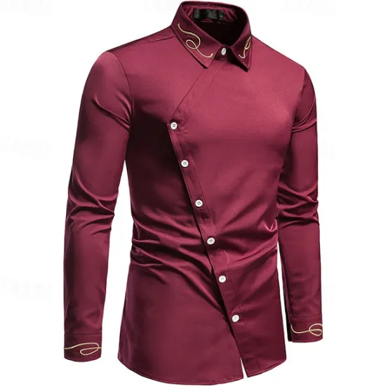 Clearance OUKU Men's Shirt Dress Shirt Button Up Shirt Plain Wedding Party Black White Red Navy Blue Long Sleeve Lapel Spring & Fall Clothing Apparel Embroidered