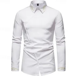 Clearance OUKU Men's Shirt Dress Shirt Button Up Shirt Plain Wedding Party Black White Red Navy Blue Long Sleeve Lapel Spring & Fall Clothing Apparel Embroidered