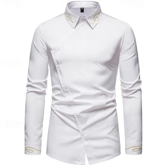 Clearance OUKU Men's Shirt Dress Shirt Button Up Shirt Plain Wedding Party Black White Red Navy Blue Long Sleeve Lapel Spring & Fall Clothing Apparel Embroidered