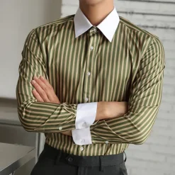 Online OUKU Men's Shirt Dress Shirt Button Up Shirt Stripe Wedding Party Black Blue Dark Green Green Long Sleeve Lapel Spring & Fall Clothing Apparel