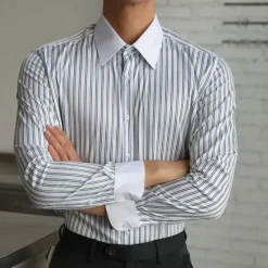 Online OUKU Men's Shirt Dress Shirt Button Up Shirt Stripe Wedding Party Black Blue Dark Green Green Long Sleeve Lapel Spring & Fall Clothing Apparel