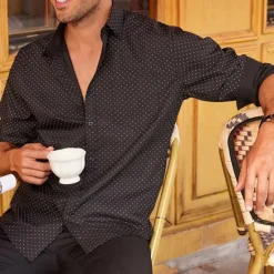 New OUKU Men's Shirt Dress Shirt Button Up Shirt Polka Dot Wedding Work Black White Red Navy Blue Long Sleeve Turndown Spring & Fall Clothing Apparel