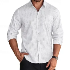 New OUKU Men's Shirt Dress Shirt Button Up Shirt Polka Dot Wedding Work Black White Red Navy Blue Long Sleeve Turndown Spring & Fall Clothing Apparel