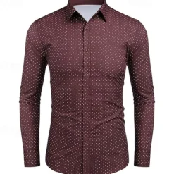 New OUKU Men's Shirt Dress Shirt Button Up Shirt Polka Dot Wedding Work Black White Red Navy Blue Long Sleeve Turndown Spring & Fall Clothing Apparel