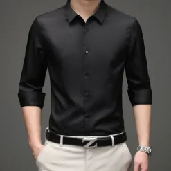 New OUKU Men's Shirt Dress Shirt Button Up Shirt Plain Wedding Daily Black White Pink Wine Long Sleeve Shirt Collar Spring & Fall Clothing Apparel Patchwork