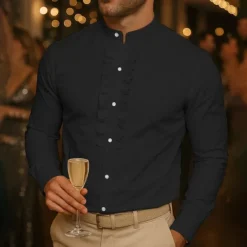 Hot OUKU Men's Shirt Dress Shirt Button Up Shirt Plain Wedding Party Black White Long Sleeve Stand Collar Spring Fall Clothing Apparel Ruffle
