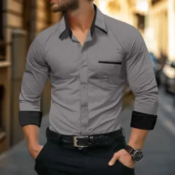OUKU Men's Shirt Dress Shirt Button Down Shirt Wrinkle Resistant Plain Wedding Work Light Blue White Pink Navy Blue Long Sleeve Collar All Seasons Clothing Apparel