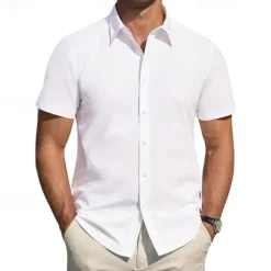 Clearance OUKU Men's Shirt Dress Shirt Button Up Shirt Plain Wedding Party Black White Light Green Pink Short Sleeve Lapel Summer Clothing Apparel