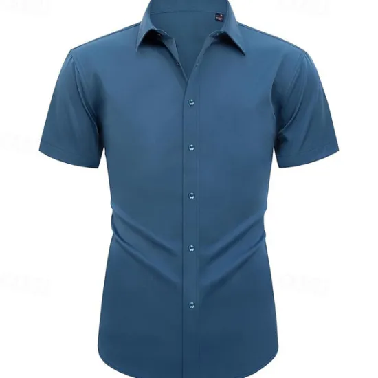 Clearance OUKU Men's Shirt Dress Shirt Button Up Shirt Plain Wedding Party Black White Light Green Pink Short Sleeve Lapel Summer Clothing Apparel
