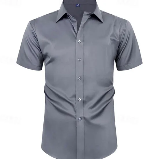 Clearance OUKU Men's Shirt Dress Shirt Button Up Shirt Plain Wedding Party Black White Light Green Pink Short Sleeve Lapel Summer Clothing Apparel