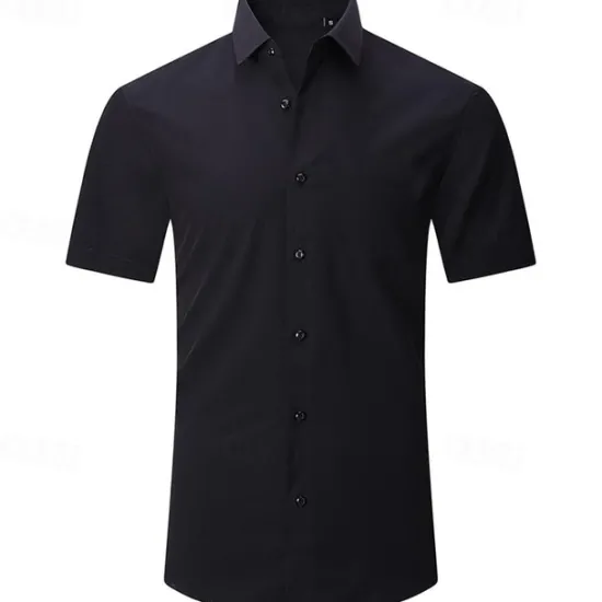 Online OUKU Men's Shirt Dress Shirt Button Up Shirt Solid Color Wedding Party Black White Pink Wine Short Sleeve Lapel Summer Clothing Apparel Buttons