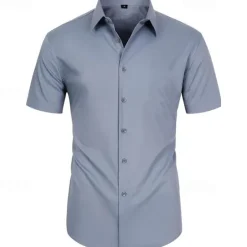 Online OUKU Men's Shirt Dress Shirt Button Up Shirt Solid Color Wedding Party Black White Pink Wine Short Sleeve Lapel Summer Clothing Apparel Buttons