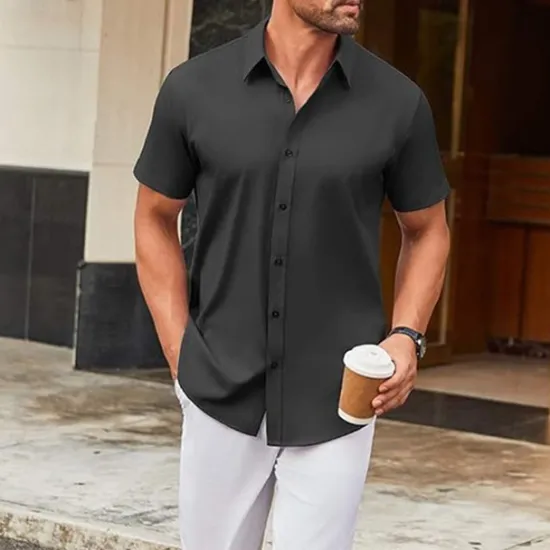 Online OUKU Men's Shirt Dress Shirt Button Up Shirt Solid Color Wedding Party Black White Pink Wine Short Sleeve Lapel Summer Clothing Apparel Buttons