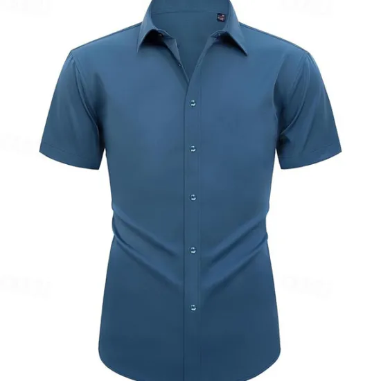 Online OUKU Men's Shirt Dress Shirt Button Up Shirt Solid Color Wedding Party Black White Pink Wine Short Sleeve Lapel Summer Clothing Apparel Buttons